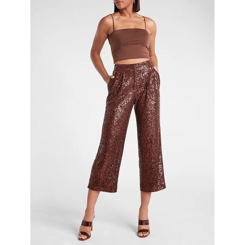 Express Women Brown Sequin High Waisted Cropped Pleated Trouser Pants XXS NEW